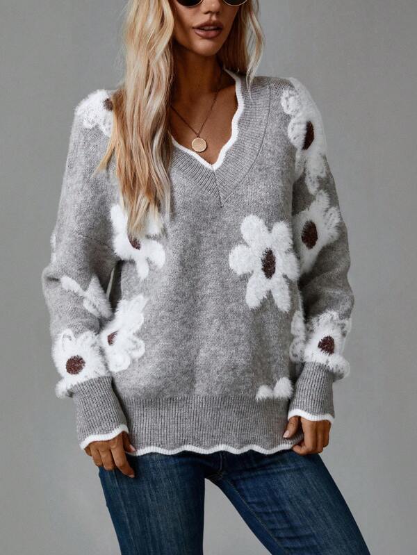 Women’s Floral Knit Sweater – Grey with Daisy Print
