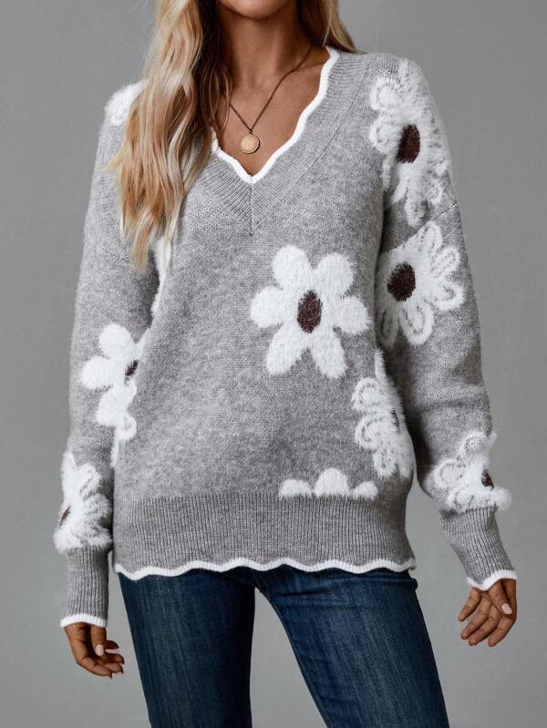 Women’s Floral Knit Sweater – Grey with Daisy Print