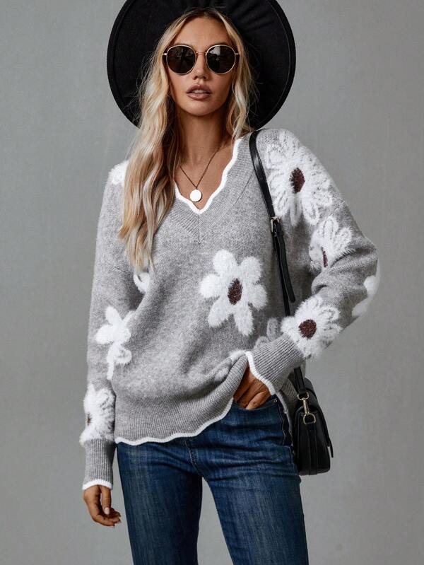 Women’s Floral Knit Sweater – Grey with Daisy Print