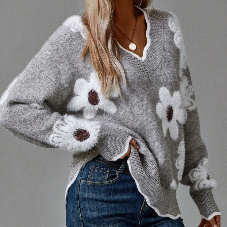Women’s Floral Knit Sweater – Grey with Daisy Print