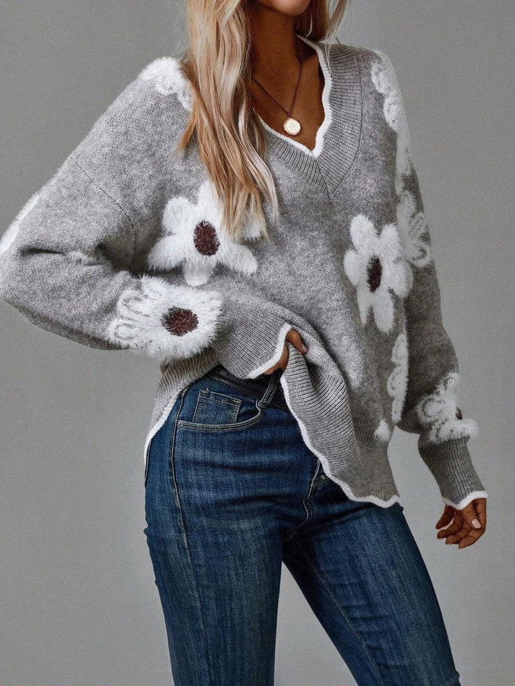 Women’s Floral Knit Sweater – Grey with Daisy Print