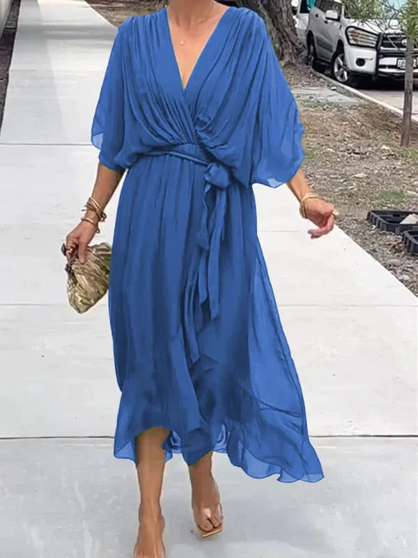 Women’s Chiffon V-Neck Belted Midi Dress