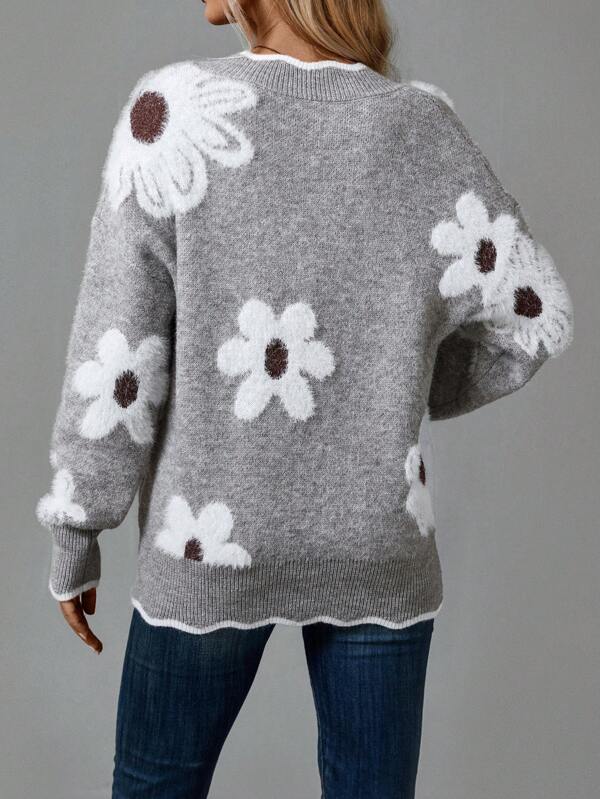 Women’s Floral Knit Sweater – Grey with Daisy Print