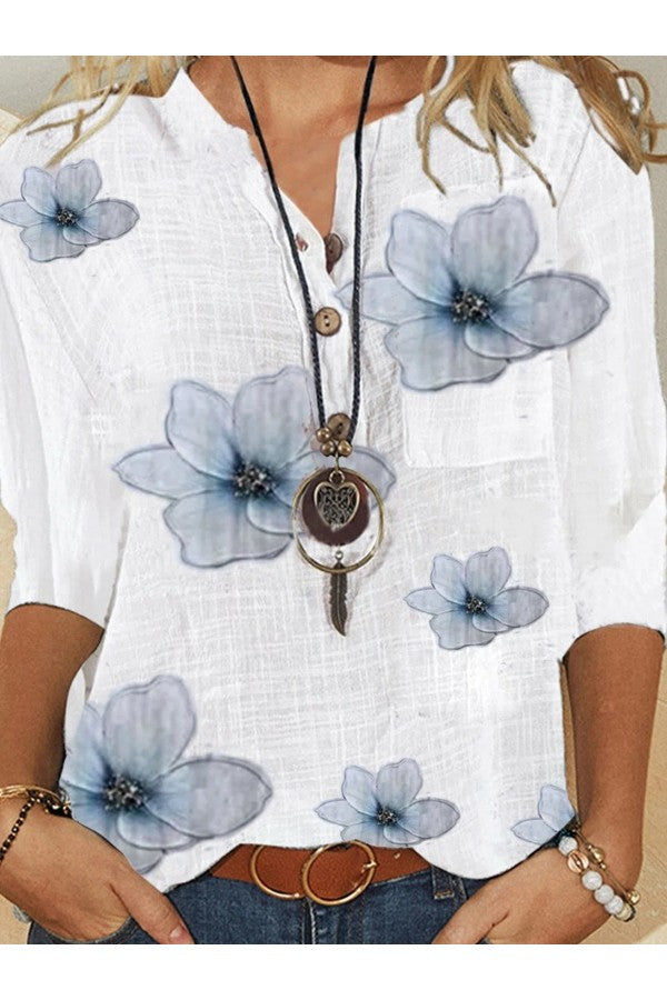 Women’s Casual Floral Button Blouse with 3/4 Sleeves