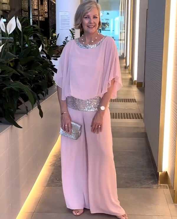 Women’s Elegant Evening Set – Chiffon Cape Top & Sequin Waist Wide-Leg Pants