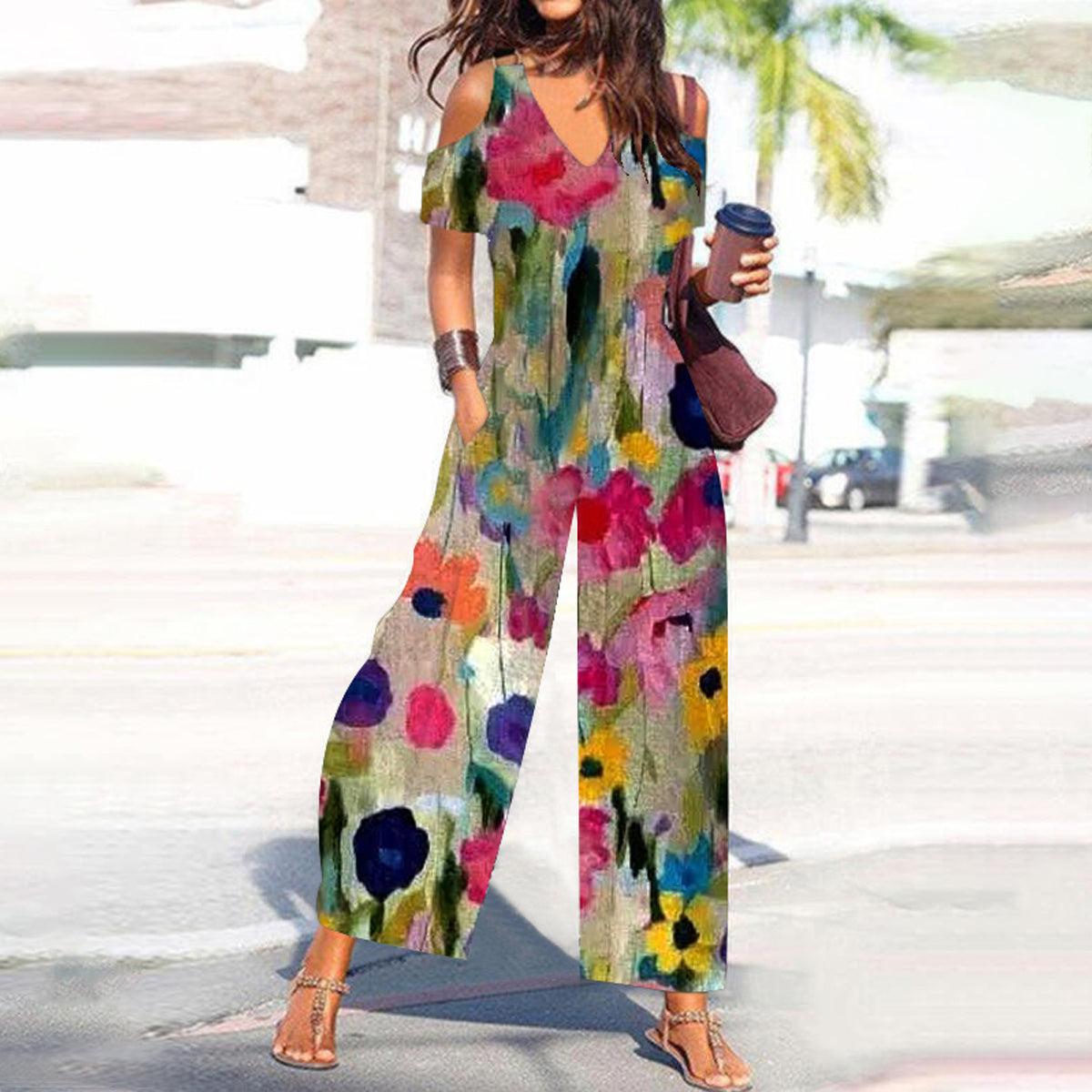 Women’s Summer Floral Cold-Shoulder Jumpsuit