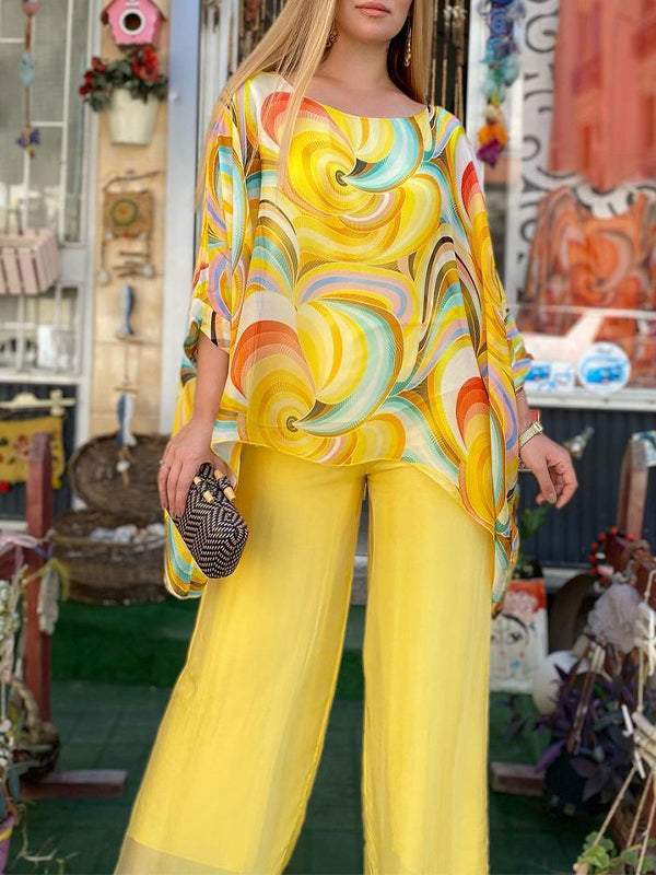 Women’s Boho Summer Set – Printed Kaftan Top & heer Wide-Leg Pants