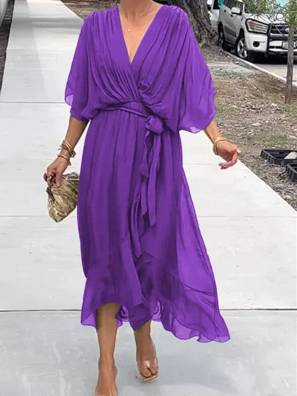 Women’s Chiffon V-Neck Belted Midi Dress