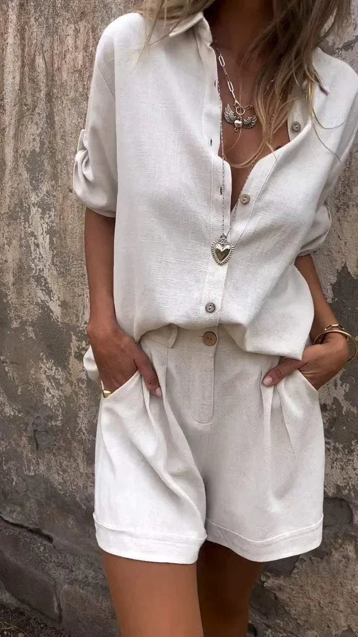 Women’s Casual Summer Set – Button-Front Shirt & High-Waisted Shorts