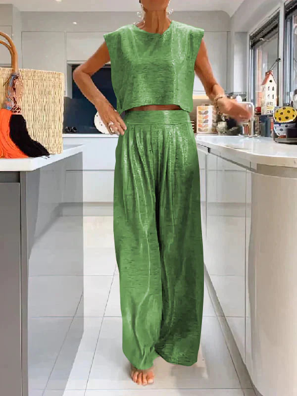 Women’s Summer Party Set – Shimmery Crop Top & Wide-Leg Pants