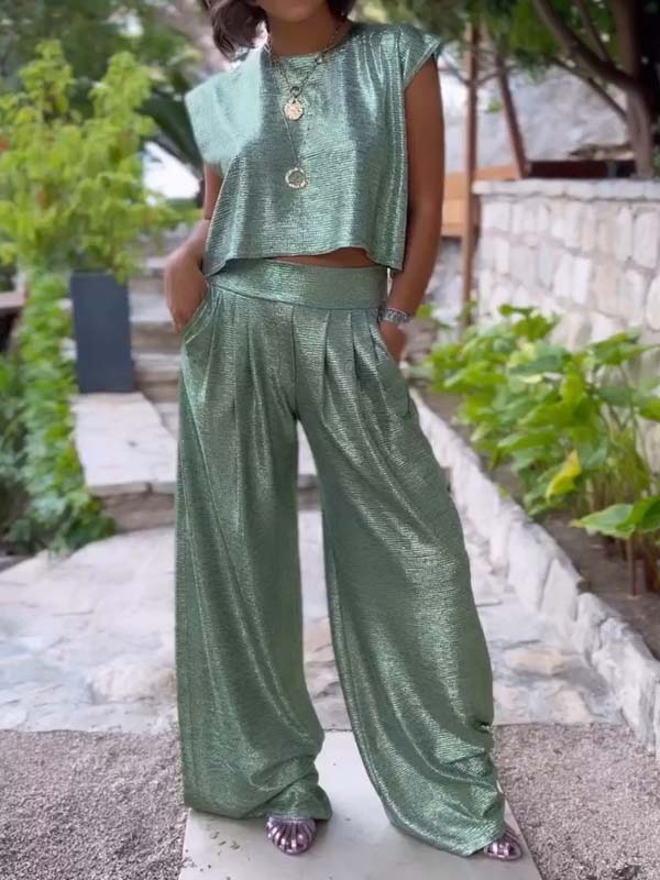 Women’s Summer Party Set – Shimmery Crop Top & Wide-Leg Pants