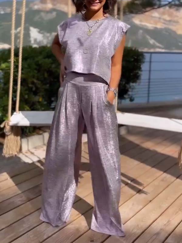 Women’s Summer Party Set – Shimmery Crop Top & Wide-Leg Pants