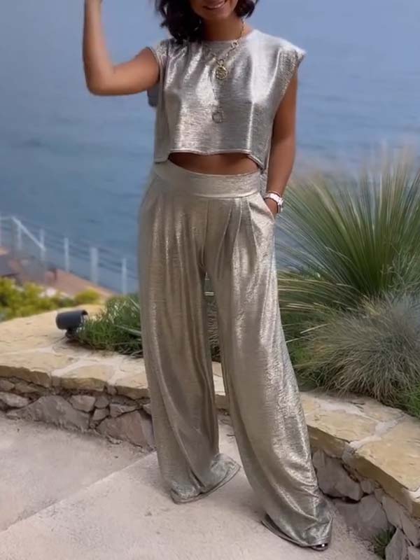 Women’s Summer Party Set – Shimmery Crop Top & Wide-Leg Pants
