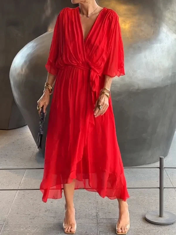 Women’s Chiffon V-Neck Belted Midi Dress