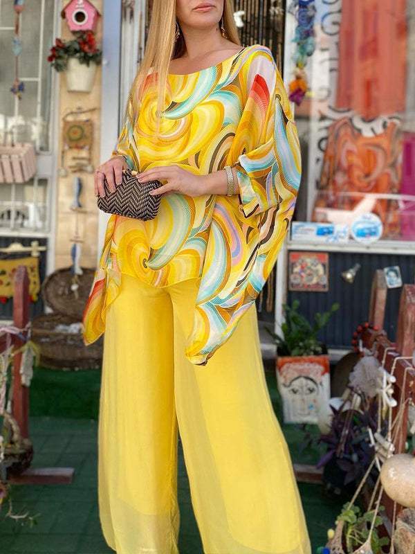 Women’s Boho Summer Set – Printed Kaftan Top & heer Wide-Leg Pants