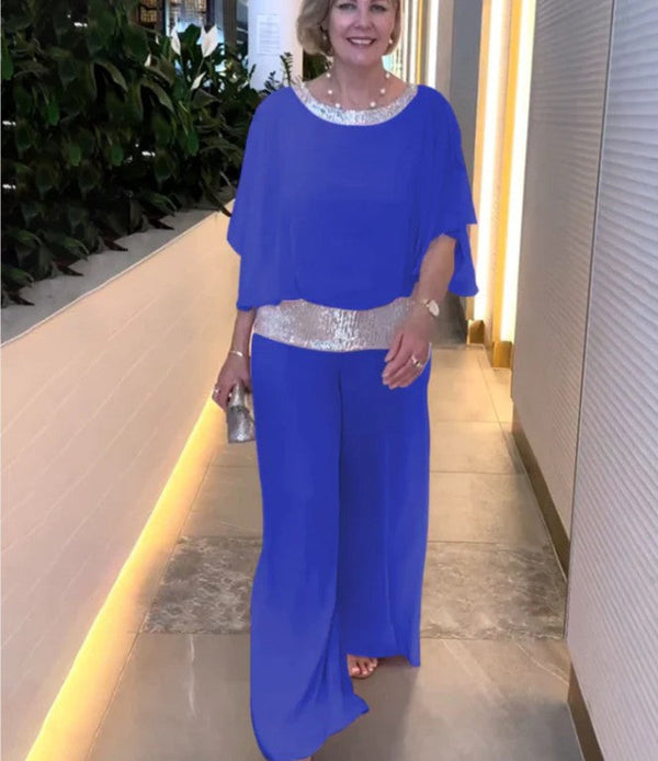 Women’s Elegant Evening Set – Chiffon Cape Top & Sequin Waist Wide-Leg Pants