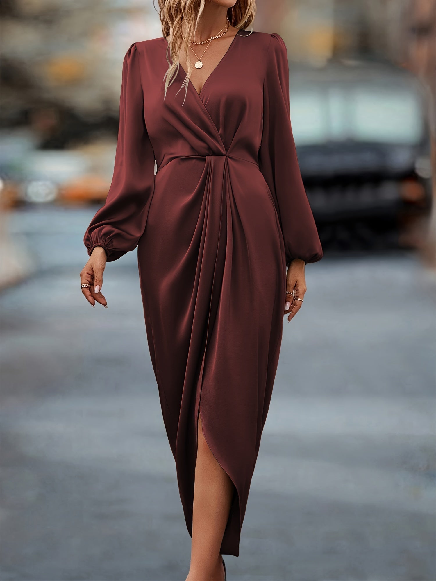 Women’s Elegant Draped Satin Midi Dress