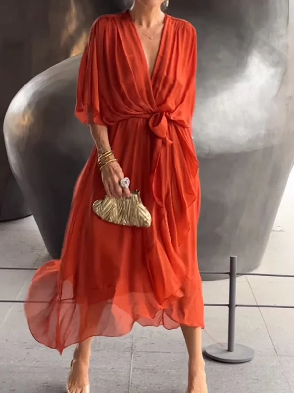 Women’s Chiffon V-Neck Belted Midi Dress