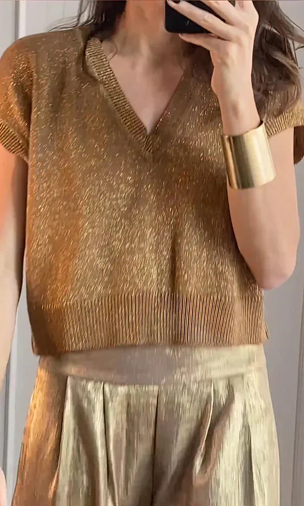 Women’s Elegant Bronze Two-Piece Set – Shimmer Knit Top & Satin Wide-Leg Pants