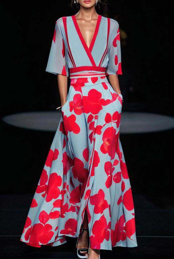 Women’s Wide-Leg V-Neck Maxi Dress with Bold Floral Print