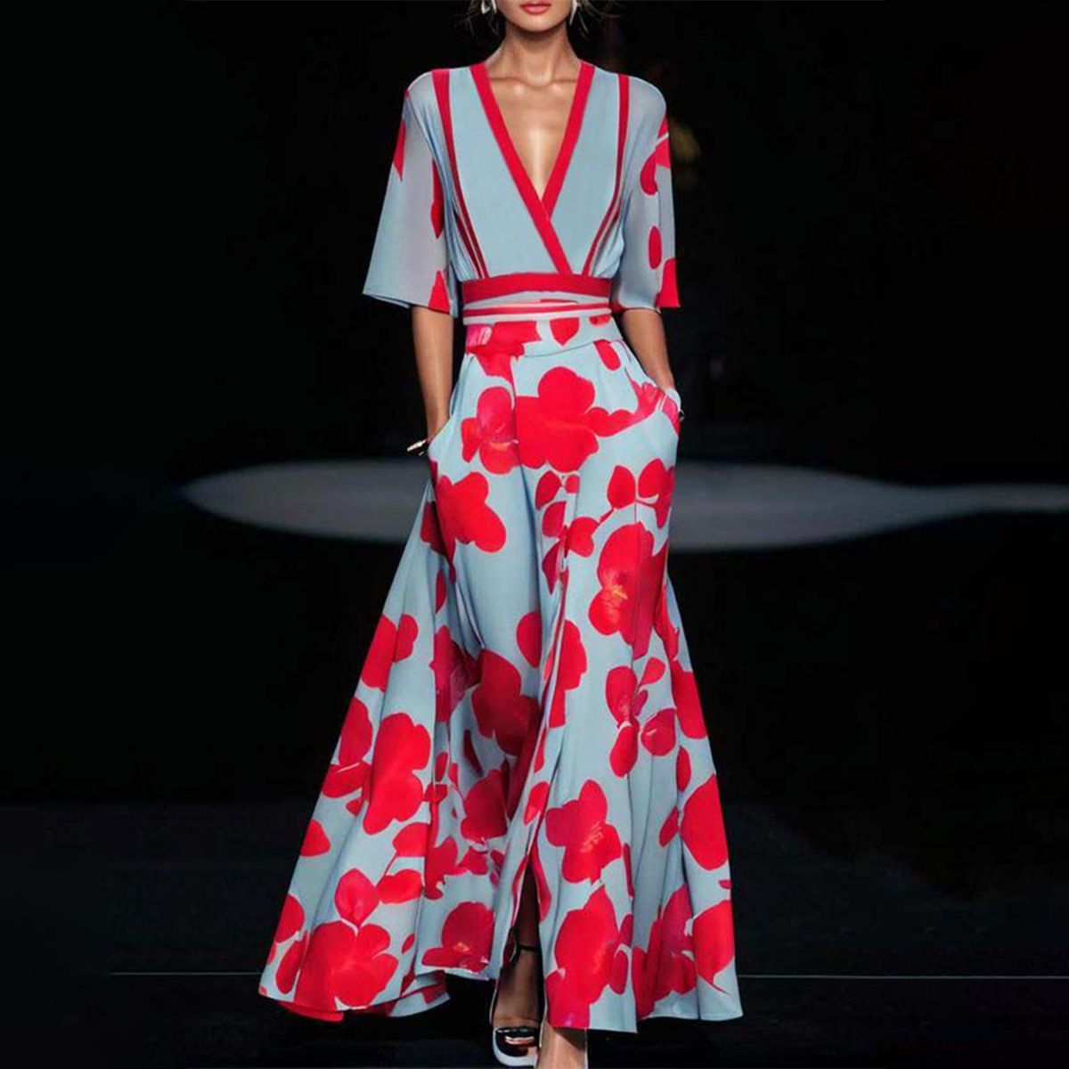 Women’s Wide-Leg V-Neck Maxi Dress with Bold Floral Print