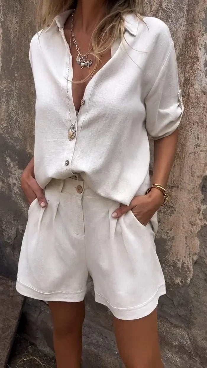 Women’s Casual Summer Set – Button-Front Shirt & High-Waisted Shorts