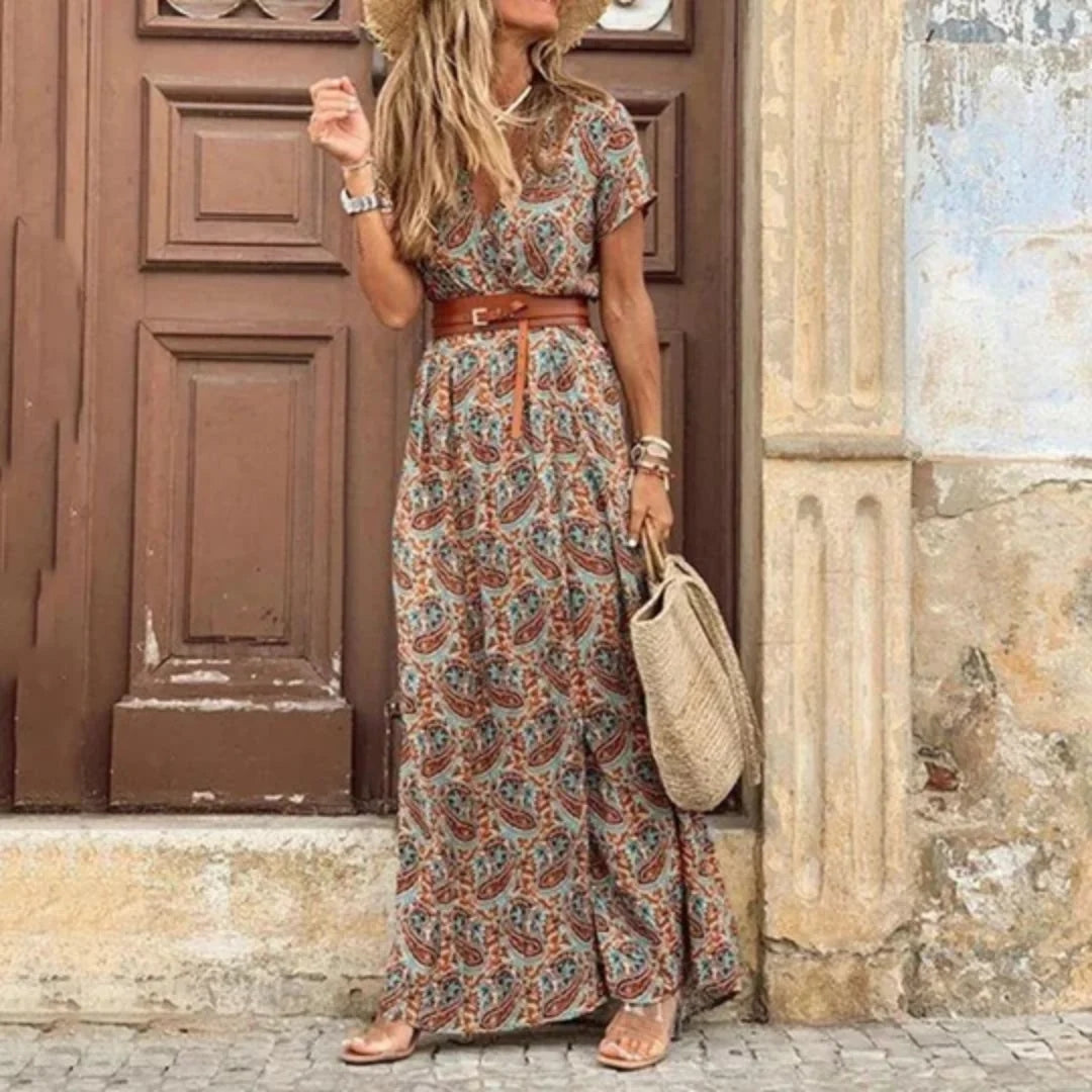 Women’s Boho Floral Belted Maxi Dress