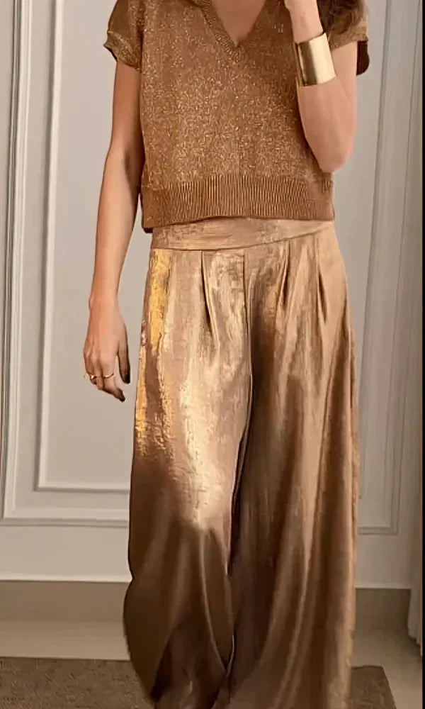 Women’s Elegant Bronze Two-Piece Set – Shimmer Knit Top & Satin Wide-Leg Pants