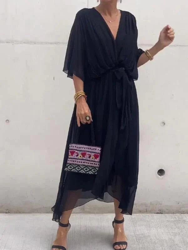 Women’s Chiffon V-Neck Belted Midi Dress