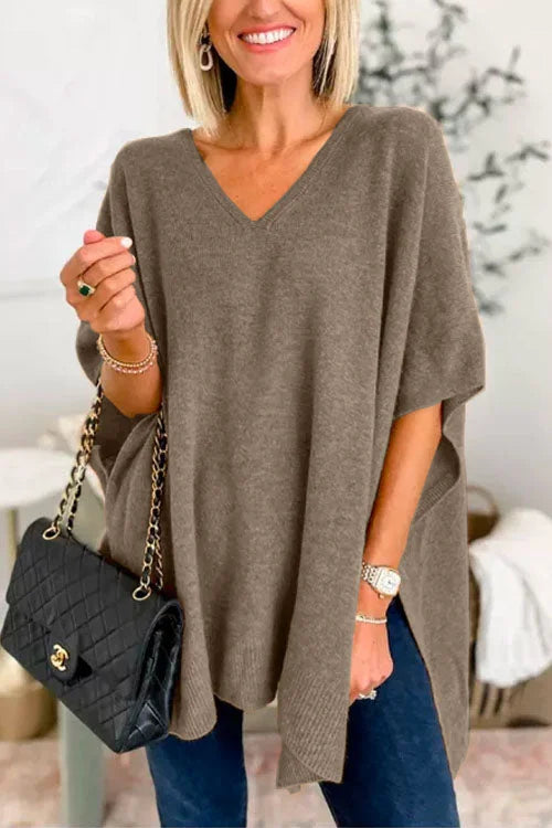 Women’s Fall Knit Poncho Sweater – V-Neck