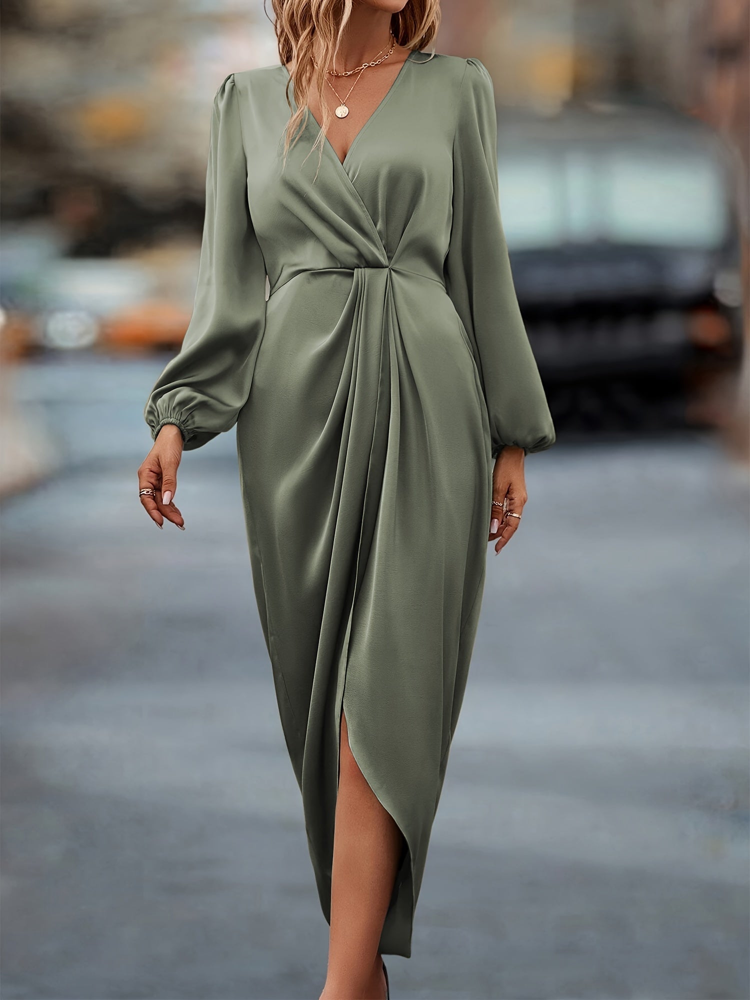 Women’s Elegant Draped Satin Midi Dress