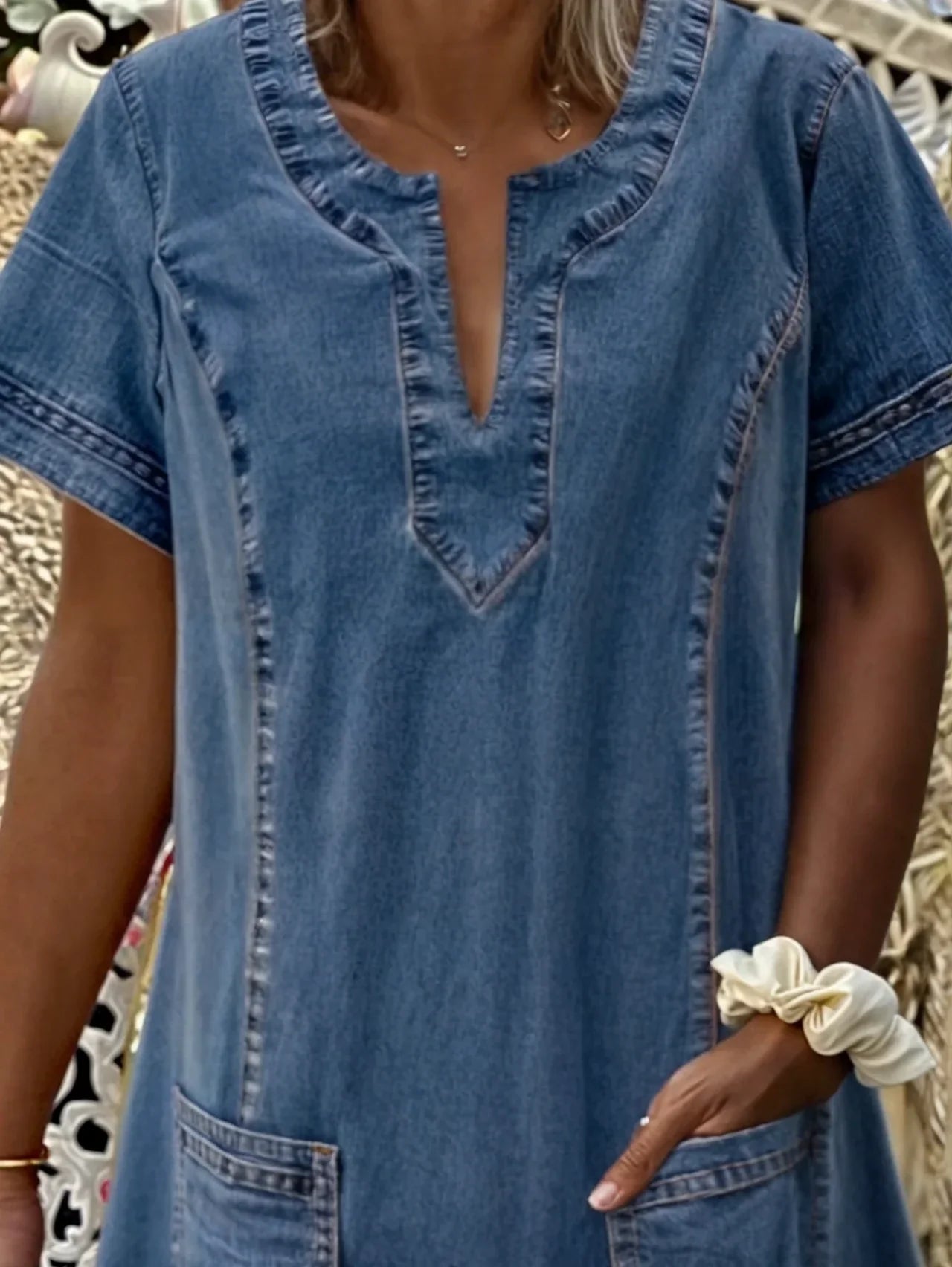 Women’s Denim Shift Dress with Short Sleeves