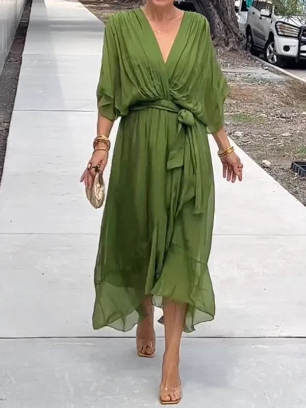 Women’s Chiffon V-Neck Belted Midi Dress