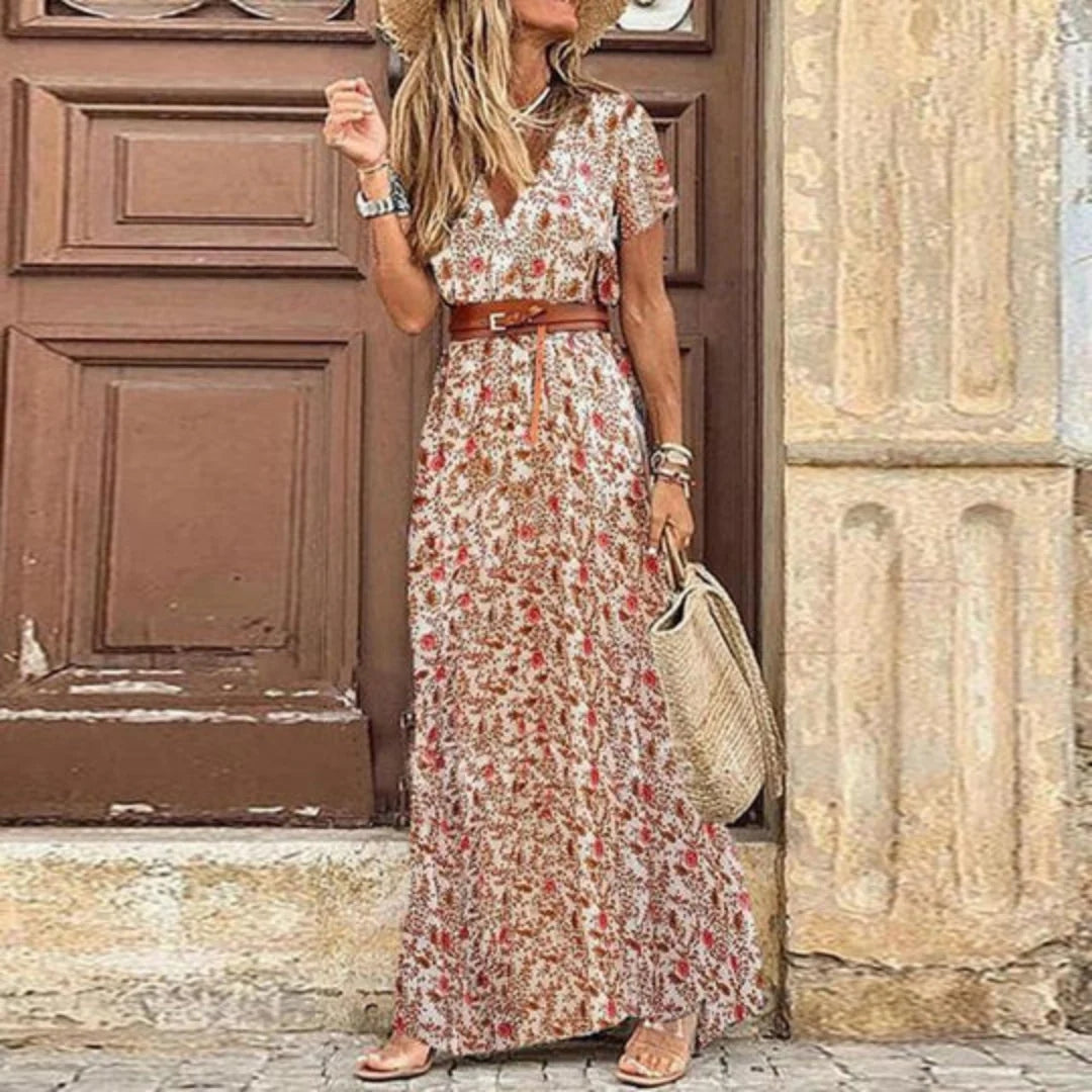 Women’s Boho Floral Belted Maxi Dress
