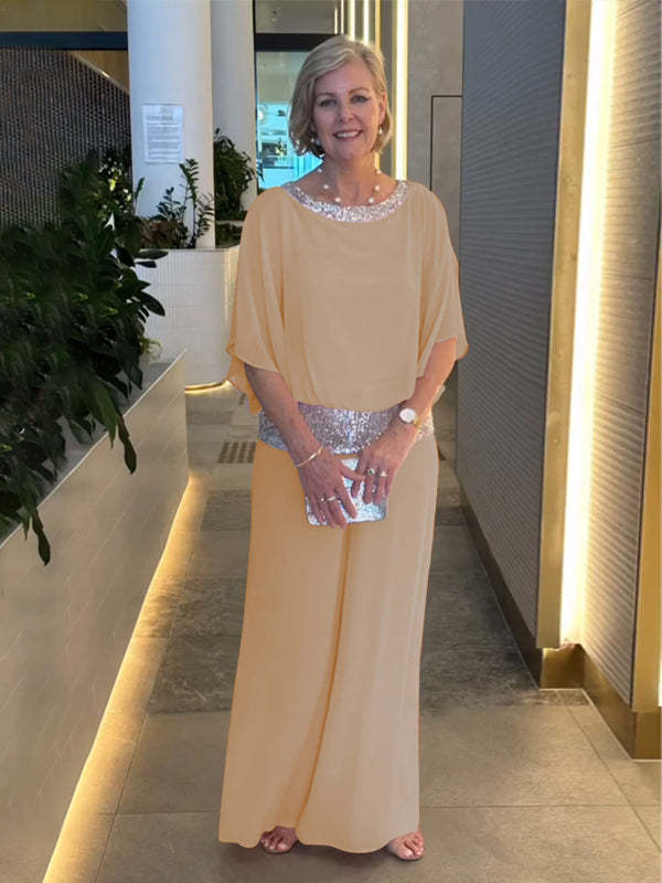Women’s Elegant Evening Set – Chiffon Cape Top & Sequin Waist Wide-Leg Pants