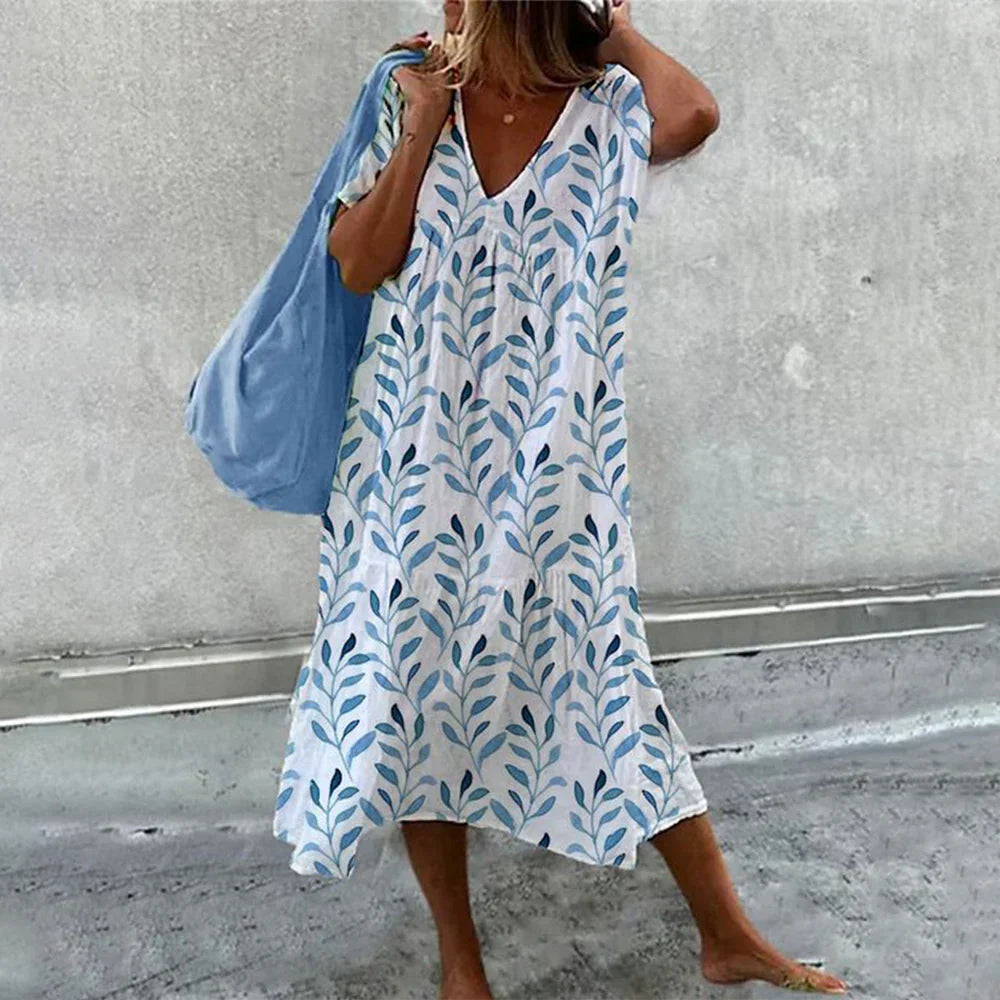 Women’s Summer Leaf Print V-Neck Midi Dress