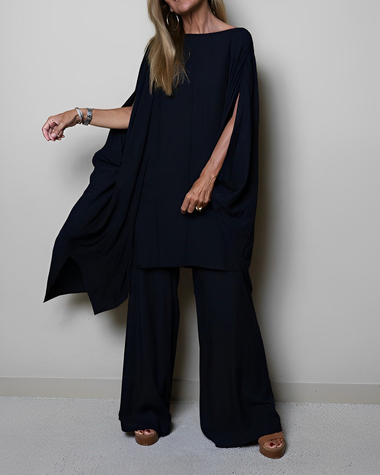 Women’s Elegant Cape Sleeve Two-Piece Set – Black