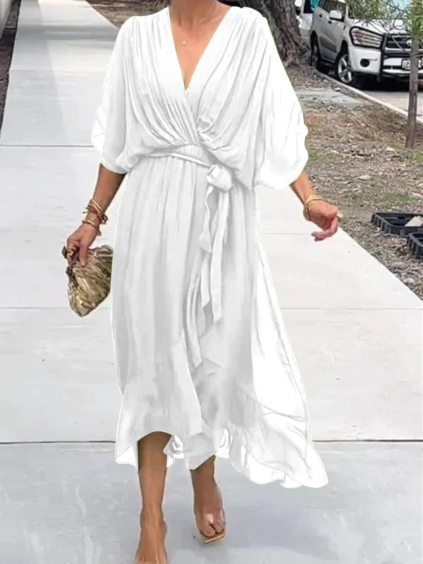 Women’s Chiffon V-Neck Belted Midi Dress