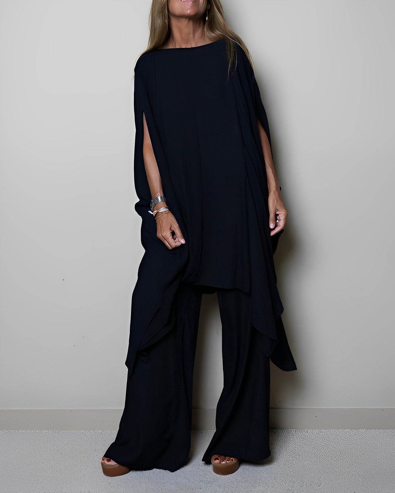 Women’s Elegant Cape Sleeve Two-Piece Set – Black