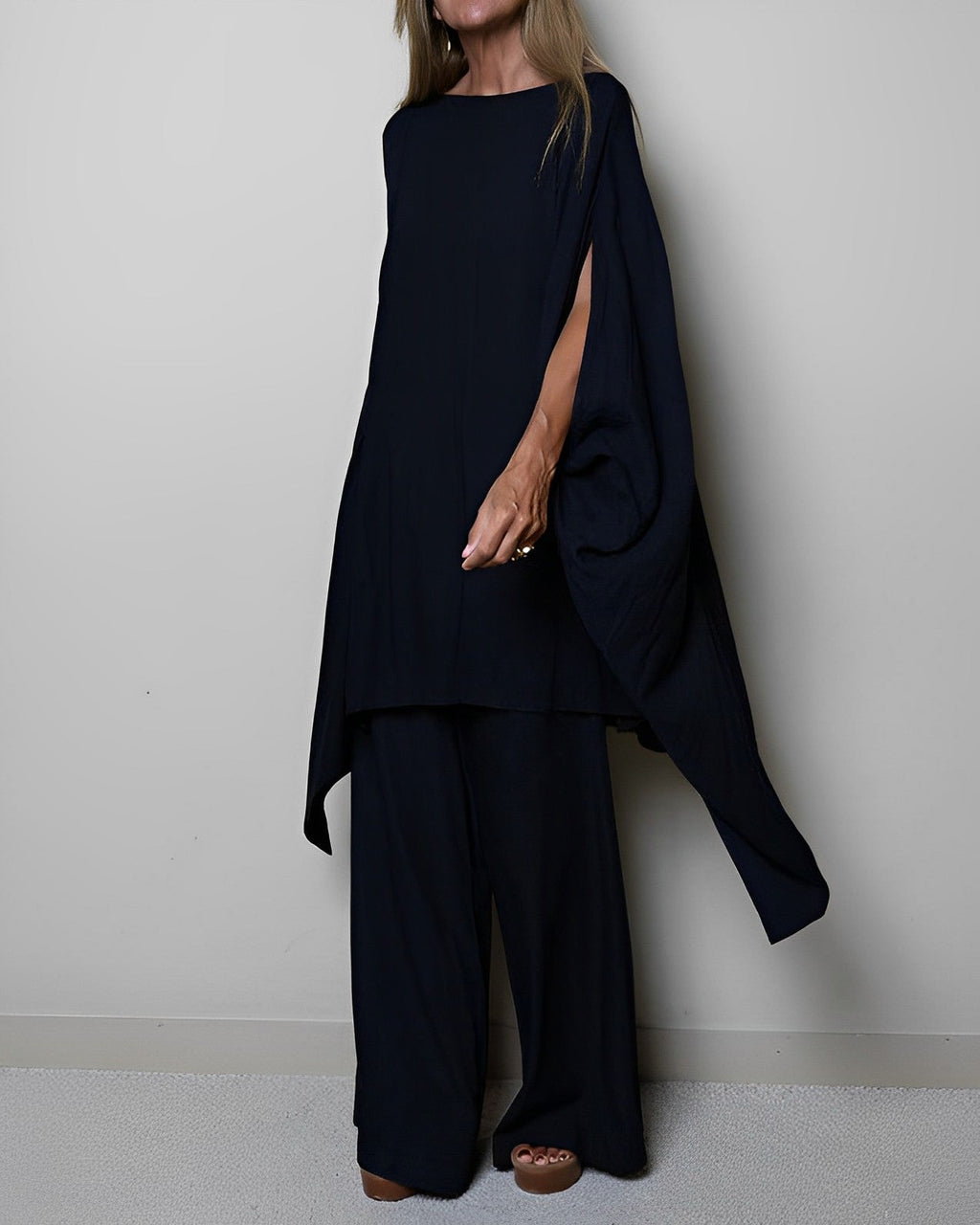 Women’s Elegant Cape Sleeve Two-Piece Set – Black