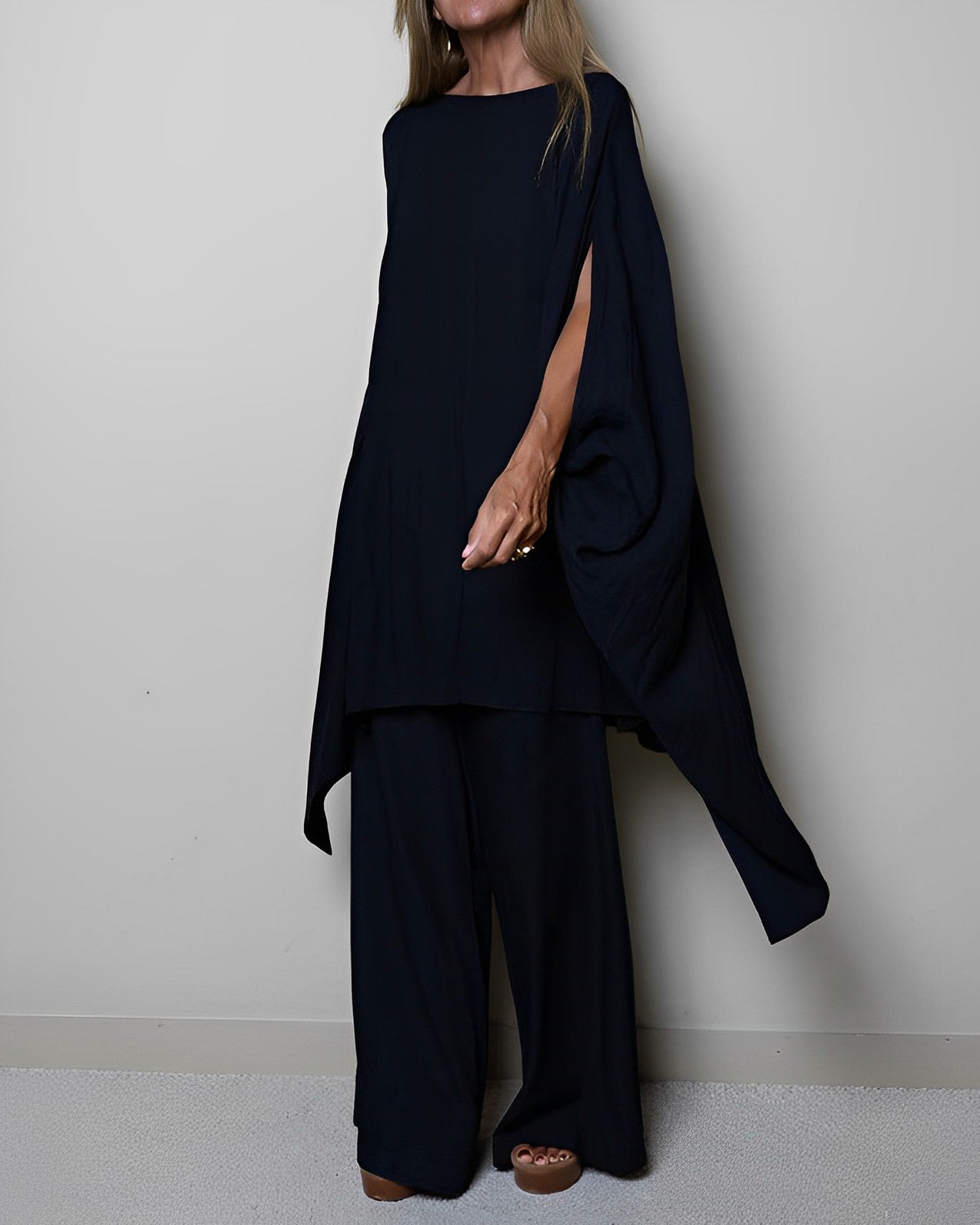 Women’s Elegant Cape Sleeve Two-Piece Set – Black