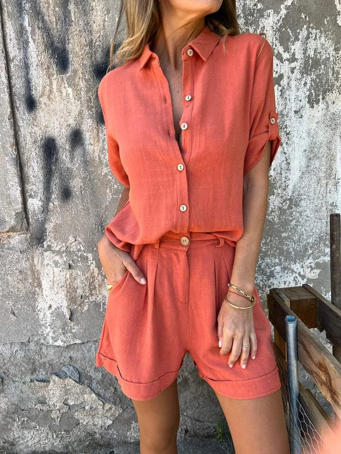 Women’s Casual Summer Set – Button-Front Shirt & High-Waisted Shorts