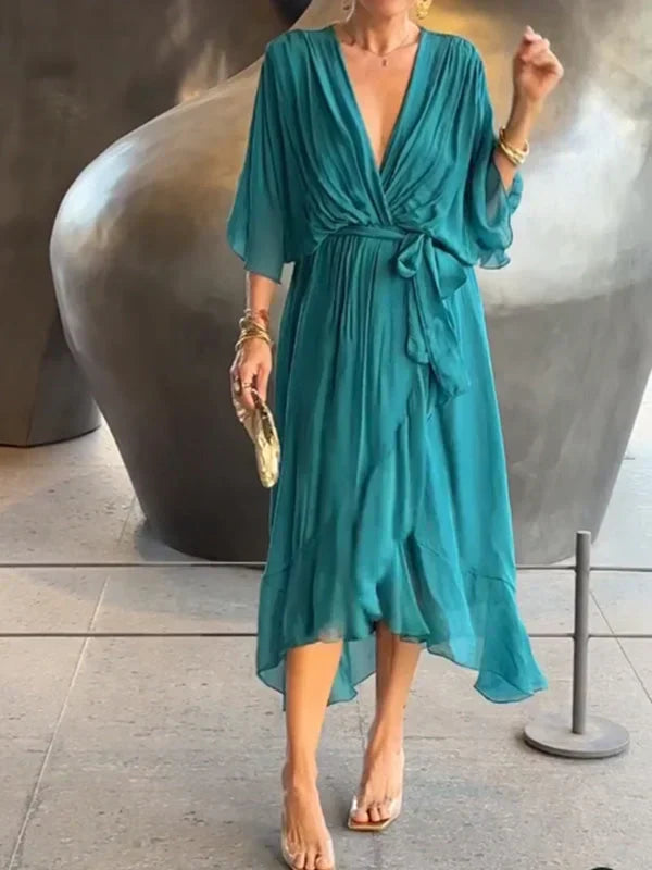 Women’s Chiffon V-Neck Belted Midi Dress
