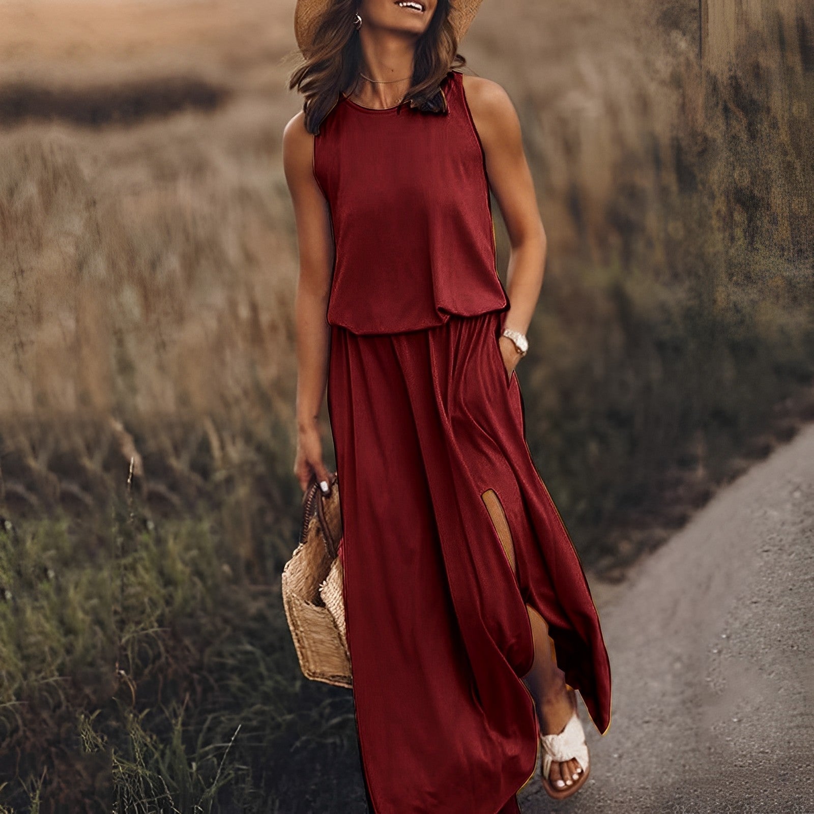 Women's Sleeveless Maxi Dress with Side Slit