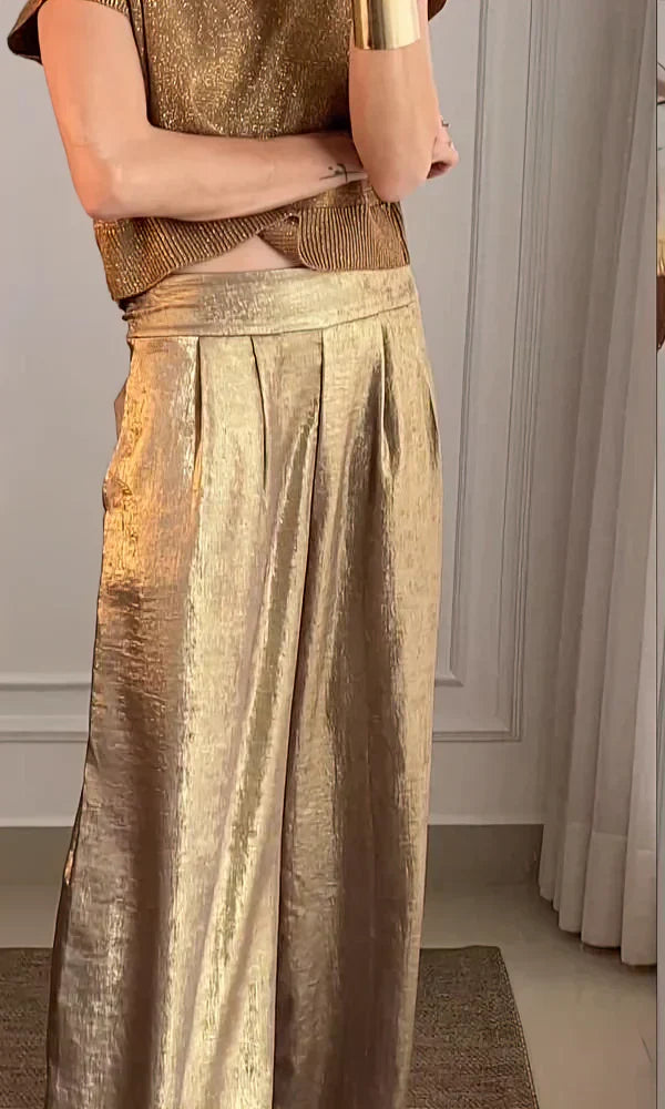 Women’s Elegant Bronze Two-Piece Set – Shimmer Knit Top & Satin Wide-Leg Pants