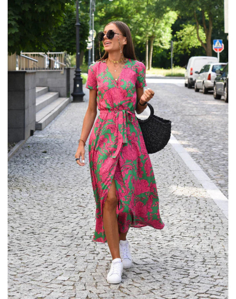 Women’s Floral Wrap Maxi Dress with Short Sleeves