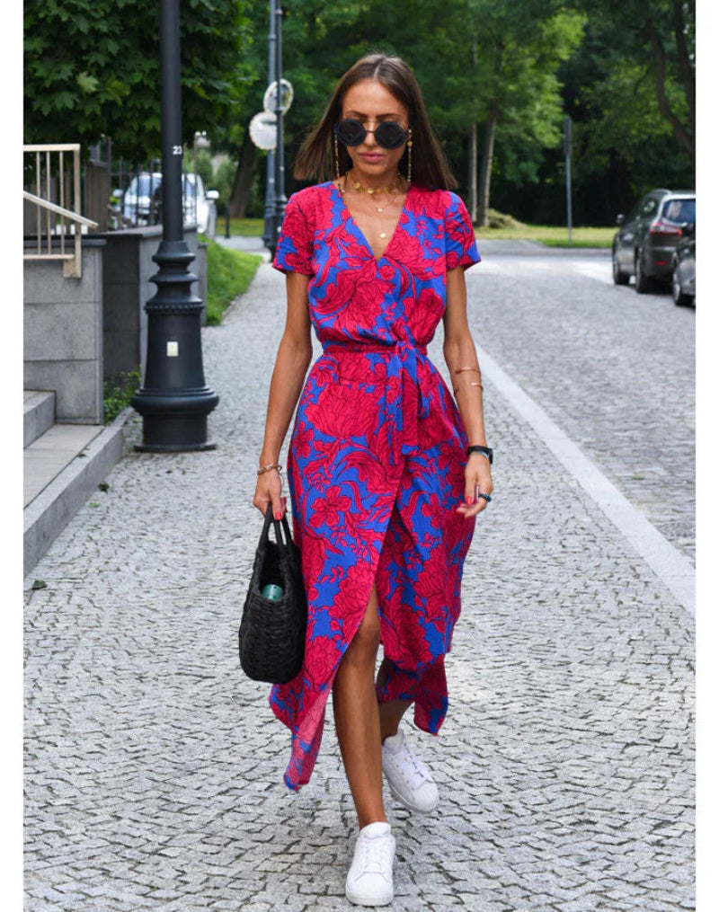 Women’s Floral Wrap Maxi Dress with Short Sleeves