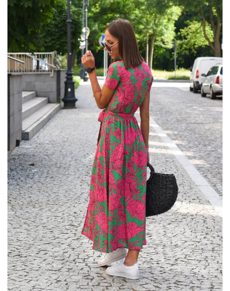 Women’s Floral Wrap Maxi Dress with Short Sleeves