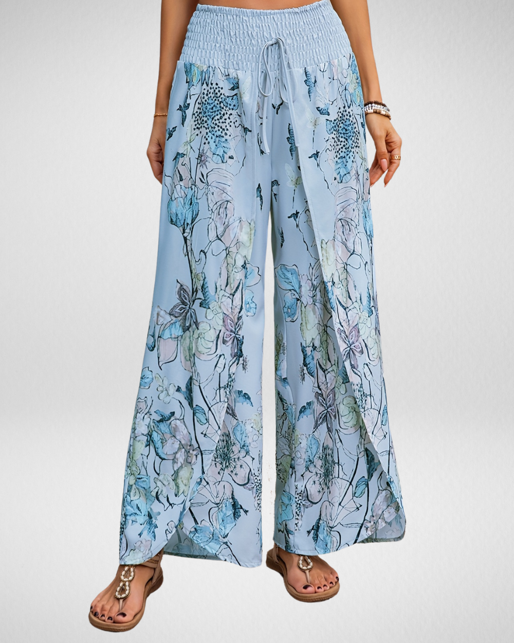 Airy Pants with Floral Print and Smocked Waist