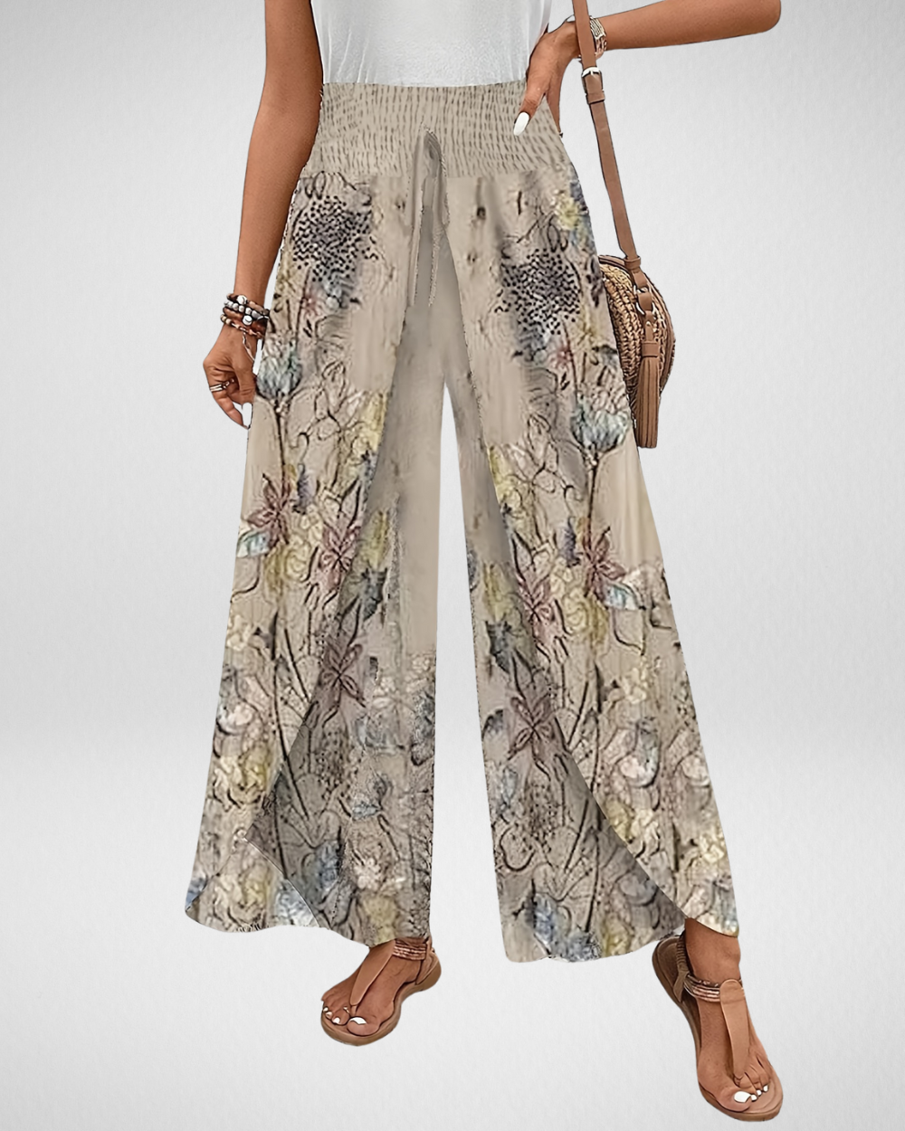 Airy Pants with Floral Print and Smocked Waist